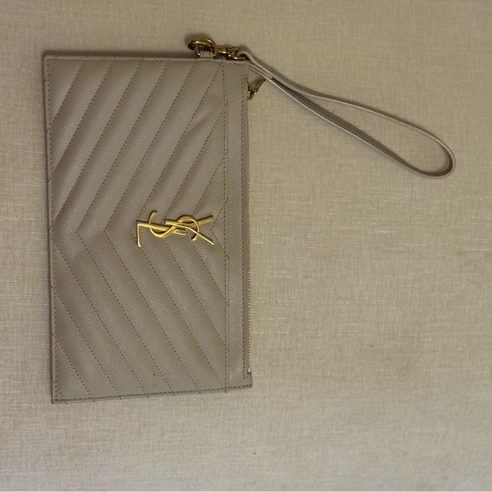Yves Saint Laurent Taupe Wristlet Clutch with Gold Logo